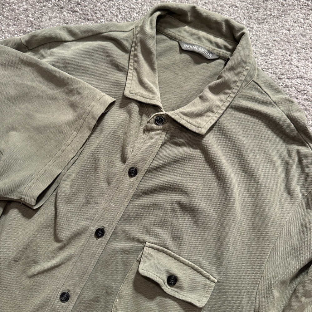 Michael Bastian Shirt Men M Olive Green Cotton Pique Button Up Short Sleeve Polo